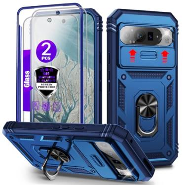 Imagem de Capa para Pixel 9 Pro XL com capa deslizante para câmera, 2 películas de vidro temperado, suporte de anel giratório de 360°, capa protetora de grau militar para Google Pixel 9 Pro XL 6,8 polegadas