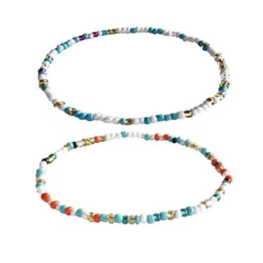 Imagem de Lubrifico Tornozeleiras Boho G Beads Conjunto de 2 peças, à prova d'água, elástico, elástico, imitação de turquesa, pérolas brancas, pulseiras para mulheres, joias feitas à mão, presentes, Medium