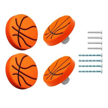 Imagem de AUXBC 4 peças de maçanetas de armário de borracha macia, puxador de gaveta de orifício único em forma de desenho animado fofo para quarto infantil, cozinha, armário, armário (basquetebol)