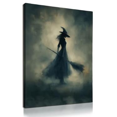 Imagem de KU-DaYi Decoração vintage de arte de parede bruxa de Halloween, impressões em tela emolduradas, Dark Academia mística gótica bruxa arte de parede para decoração de casa, quarto, sala de estar, 28 x 35