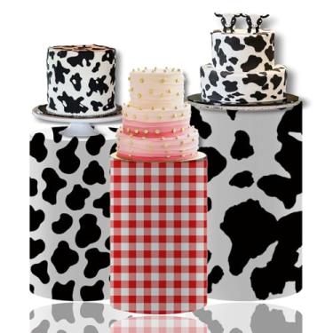 Imagem de MvoVitality Conjunto de capa de pedestal com estampa de vaca e cilindro guingão – 3 tamanhos de decorações de festa com tema de fazenda para aniversário de celeiro, chá de bebê, tema de piquenique