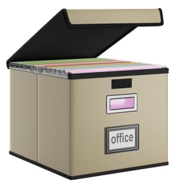 Imagem de Huolewa Caixa organizadora de arquivos de couro sintético com tampa, organizador de pasta de arquivos dobrável com slides de plástico, caixas decorativas de sistema de arquivamento de casa/escritório
