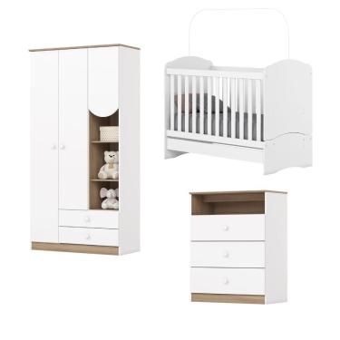 Imagem de Dormitório Infantil Completo Berço Bala De Menta Para Quarto Bebê Magia Branco / Madeirado
