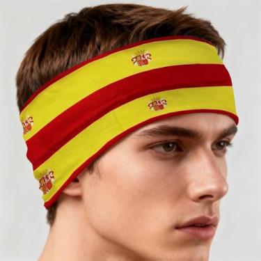 Imagem de Threetols Faixa de cabelo com bandeira da Espanha para homens e mulheres bandeira nacional amarela vermelha tecido antiderrapante bandana para futebol, tênis, treino, fantasias e cosplay