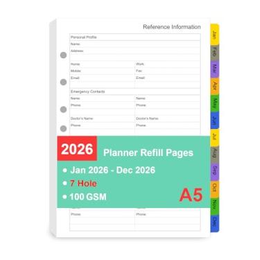 Imagem de Tiankool Refil de agenda 2026 para fichário A5 de 7 anéis, inserções semanais e mensais de janeiro de 2026 a dezembro de 2026, 14 x 21 cm