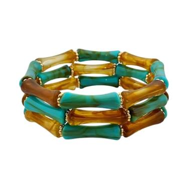Imagem de Unurgoonit Pulseira feminina de bambu com concha de tartaruga – Punho elástico de acrílico de 3 camadas com padrão de carapaça de tartaruga falsa – Joias empilháveis retrô, Metal, Sem Pedra Preciosa