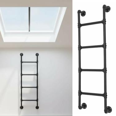 Imagem de Escada de beliche de 125 cm, escada de metal montada na parede de 4 degraus, ferro forjado resistente com capacidade de carga de 150 kg, uso interno e externo para saída de poço de janela do porão
