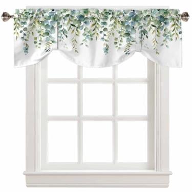 Imagem de MUNSATNA SR Cortinas de saia de amarrar folhas de eucalipto verdes, cortinas de amarrar com bolso de varão, tratamentos de janela curta para cozinha, sala de estar, banheiro, campo botânico clássico