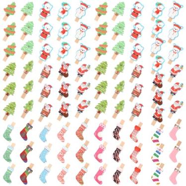 Imagem de YISSION 90 peças de decorações de prendedor de roupa de madeira de Natal, Papai Noel festivo/urso polar/árvore/clipes de design de meia para árvore de Natal, foto, cartão e embrulho de presente