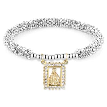 Imagem de HZMAN Pulseira feminina com contas de metal Virgem Maria/Jesus/São Bento, Adjustable Elasticity, Zircônia cúbica