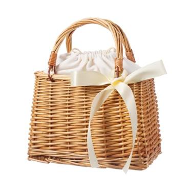 Imagem de Balacoo Cesta de vime para meninas, bolsa de mão pequena de vime de tecido com fita branca para cestas de daminhas de flores de casamento, bolsa de praia estilo boho, decoração rústica, 26 x 23 x 12,5