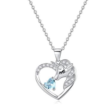 Imagem de RAODA Colares de unicórnios para meninas, colar de unicórnio banhado a ouro branco 18K para meninas adolescentes, presentes de unicórnio, colar com pedra do mês de nascimento de 1 quilate colar de coração com inicial para meninas de 4 a 6 anos, joias com pedra do mês de nascimento para meninas de 6 