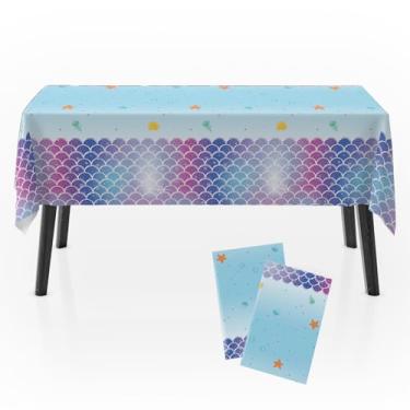 Imagem de Zharkoo Toalha de mesa de sereia 137 × 272 cm, toalha de mesa de plástico sob o mar, capa de mesa oceânica com escamas de peixe coloridas, estrela do mar e concha, decoração de mesa de festa de