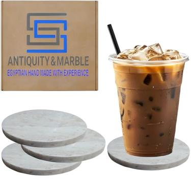 Imagem de SS Antiguidade e Mármore Conjunto de 6 – Porta-copos de mármore egípcio feito à mão – Porta-copos de luxo para mesa de café, bar doméstico, cozinha e escritório – Design elegante de pedra natural com