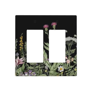 Imagem de SgEdao Capas decorativas florais vintage com cardo, margarida e folhas verdes sálvia, placa de parede de 2 gangues, capa de interruptor duplo para banheiro, cozinha, decoração de casa