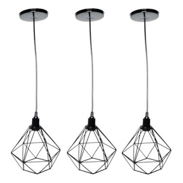 Imagem de Kit 3 Pendentes Aramado Diamante Balcão Retrô Lustre Cabo 1,5 Metros Estrutura Preto