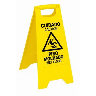 Imagem de Placa Cavalete Amarelo de Sinalização Cuidado Piso Molhado , ideal par