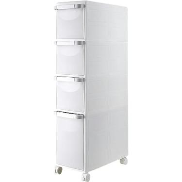 Imagem de LWJYMXBD Armário de armazenamento de piso de banheiro de 4 camadas; armário de chão de banheiro de canto pequeno com gavetas e rodízios transparentes à prova d'água gaveta carrinho torre de