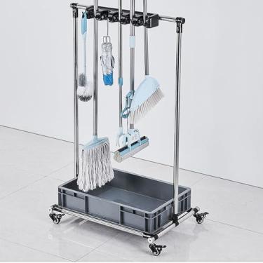 Imagem de Suporte móvel para esfregão de chão, suporte para esfregão de vassoura, ferramentas de limpeza, design de rodas de 360°, bacia de captura profissional (5 arrastes, 6 ganchos)