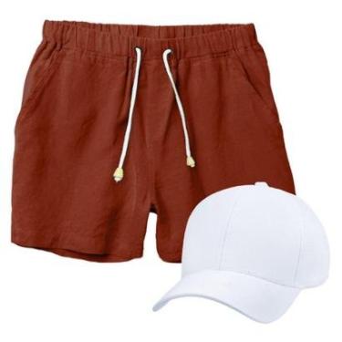 Imagem de Conjunto Short de Linho Masculino + Boné Liso Estilo Casual Básico Ideal Para o Dia a Dia-Masculino