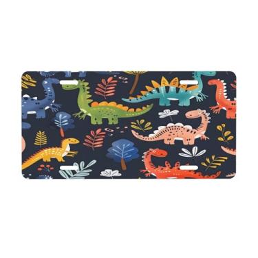 Imagem de Placa de licença de planta colorida de dinossauro fofo para placas de carro dianteiras de alumínio metal adequado para caminhão, placa de porta de carro, bar, café, acessórios automotivos para homens