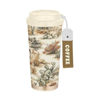 Imagem de SEHANY Caneca de viagem vintage caubói ocidental 482 g xícaras de café reutilizáveis revestidas de cerâmica com tampa à prova de vazamento, parede dupla, isolamento a vácuo, copo de café de aço