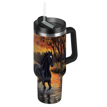 Imagem de SEHANY Copo Majestic Horse de 850 g com tampa e canudo, aço inoxidável de vácuo duplo isolado garrafa de água esportiva suporte de copo de café de viagem à prova de vazamento para bebida gelada