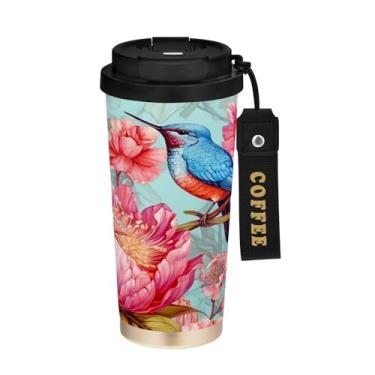 Imagem de SEHANY Caneca de café de viagem Blue Birds 482 g com tampa revestida de cerâmica e à prova de vazamento, parede dupla, isolada a vácuo, copo de aço inoxidável para bebidas quentes e frias