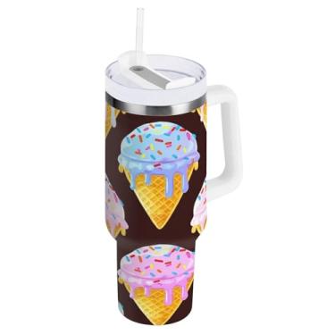 Imagem de Blueangle Copo isolado de 1,134 g com alça e tampa de canudo - Caneca de viagem de aço inoxidável à prova de vazamento, garrafa de água com padrão de sorvete a vácuo de parede dupla (458)