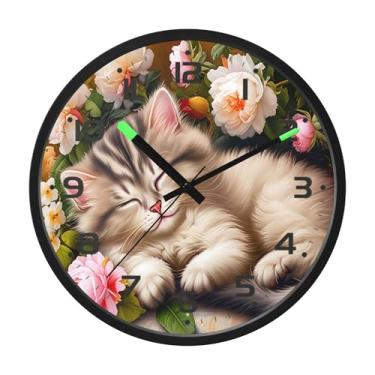 Imagem de SEHANY Relógio de parede de gato fofo, silencioso, sem tique-taque, operado por bateria, controle de som, luz noturna, relógios de parede para sala de estar, cozinha, quarto, escritório, decoração de