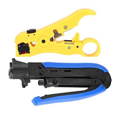 Imagem de Conjunto de ferramentas de descascador de fio profissional para cabos coaxiais com alça ergonômica para cabos RG59 RG6 RG11 2 peças de aço carbono amarelo azul