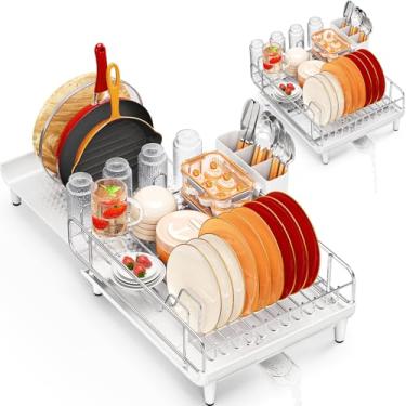 Imagem de TOOLF Escorredor de pratos expansível, escorredor de pratos para balcão de cozinha, escorredor de pratos dobrável, escorredor de pratos de aço inoxidável com suporte de talheres, escorredor de pratos