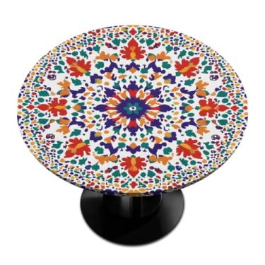 Imagem de cfpolar Toalha de mesa redonda com elástico, mandala boêmia abstrata, impermeável, toalha de mesa redonda para piquenique ao ar livre, lavável, reutilizável, decoração interna, capa de mesa para