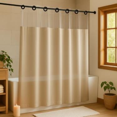 Imagem de Cortina Para Box de Banheiro em PVC Impermeável Antimofo com Visor Transparente - 1,38 x 2m (BEGE)