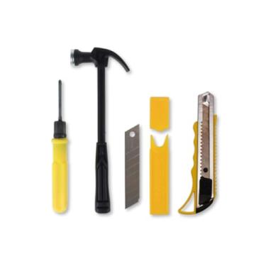 Imagem de Kit de Ferramentas 4 Peças Compacto Portátil para Pequenos Reparos Domésticos – Martelo, Estilete, Chave Reversa e Lâminas Refil em Metal e Plástico Resistente