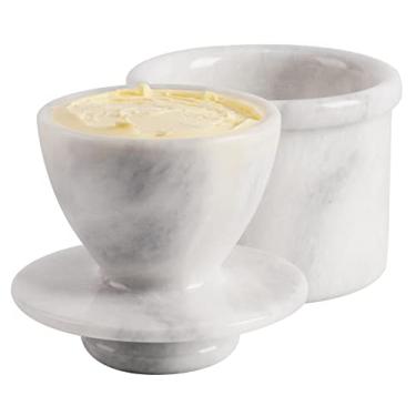 Imagem de Radicaln Suporte de manteiga de mármore 10 cm branco feito à mão para decoração de balcão de cozinha, pote de manteiga ideal para balcão com água e manteiga para cozinha