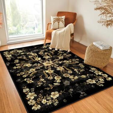 Imagem de Castage Tapete floral preto, 10 x 15 cm, tapetes laváveis para quarto, sala de estar, cozinha, entrada, cabeceira, boho, vintage, boêmio, casa de fazenda, oriental, antiderrapante, flores douradas