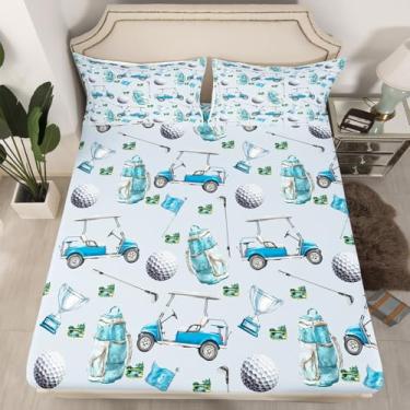 Imagem de Jogo de cama casal infantil de golfe, mochila com carrinho de taco de golfe, decoração de quarto de meninos e meninas, moderno, lazer, esportes, jogos de bola, moda, azul, 2 fronhas (sem lençol de