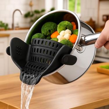 Imagem de Coador de silicone com clipe para panelas e frigideiras, coador de alimentos universal de encaixe para macarrão, carne, legumes e frutas, escorredor de cozinha de silicone resistente ao calor, design
