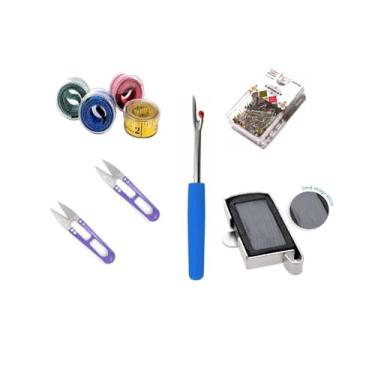 Imagem de Kit Completo para Costura NYBC – Tesoura de Arremate 11 cm + Guia Magnético MG20L + Abridor de Casinha + Fita Métrica 1,50m + 100 Alfinetes de Pérola Coloridos