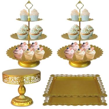 Imagem de Conjunto de suportes de bolo dourados, 5 peças de metal em camadas de cupcake com suporte para mesa de sobremesa, bandeja de frutas doces para casamento, chá de bebê, festa de aniversário