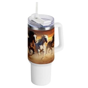 Imagem de Kigai Copo de cavalo de corrida de 1,134 g com tampa e canudo, copo isolado de aço inoxidável durável à prova de vazamento com alça, garrafas de água à prova de derramamento para viagens