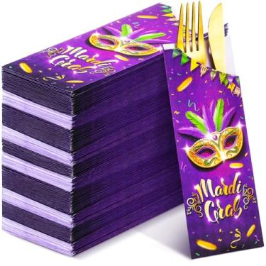 Imagem de Ireer 100 peças de sacos de talheres de carnaval a granel máscara de baile de máscaras de festa porta-utensílios de papel roxo suporte de talheres descartável para artigos de festa de carnaval