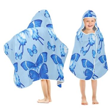 Imagem de Burbuja Toalha de banho com capuz Blue Butterflies para crianças, toalha de praia de pelúcia macia absorvente para chá de meninas e meninos 3-10 anos, 61 x 127 cm