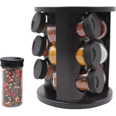 Imagem de Porta Temperos e Condimentos de Vidro com Suporte Giratório Redondo - Kit com 9 Potes de 85ml para Cozinha, Preto