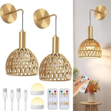 Imagem de Luminária de parede LED estilo boho, alimentada por bateria, sem necessidade de conexão elétrica, sem fio, com controle remoto e cúpula de rattan trançada à mão. A luminária é dimerizável e