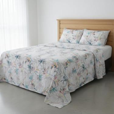 Imagem de RAVATEX, Jogo de Cama Queen Percal 200 Fios Estampado Toque Macio 04 Peças Supercal Folhas Aquarela