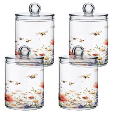 Imagem de STAYTOP 4 frascos de boticário de flores silvestres e borboletas Qtip para banheiro com etiquetas - Recipiente de armazenamento Qtip de plástico transparente para bola de algodão, cotonete, grão de
