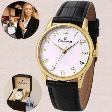 Imagem de Relogio Champion Feminino Dourado CH24660B Analogico Pulseira Couro Preto Mostrador Branco Resistente Agua 50m