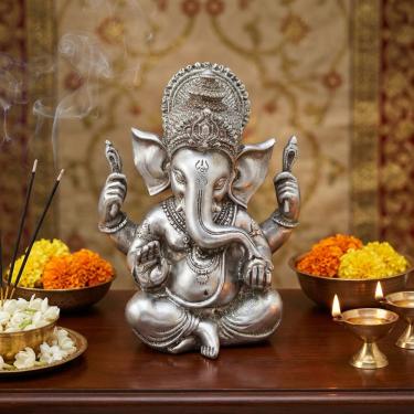Imagem de Ganesha – Estátua Decorativa Hindu Prateada para Casa e Escritório BZ19174-1